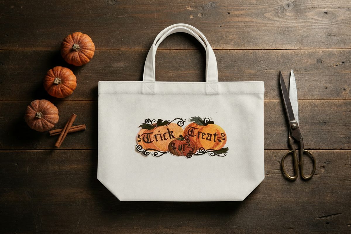DIY Halloween Trick or Treat Tote Bag with Embroidered Jack-o-Lanterns Patch