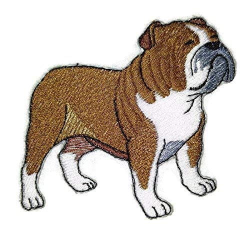 Embroidered patch of a bulldog on a white background