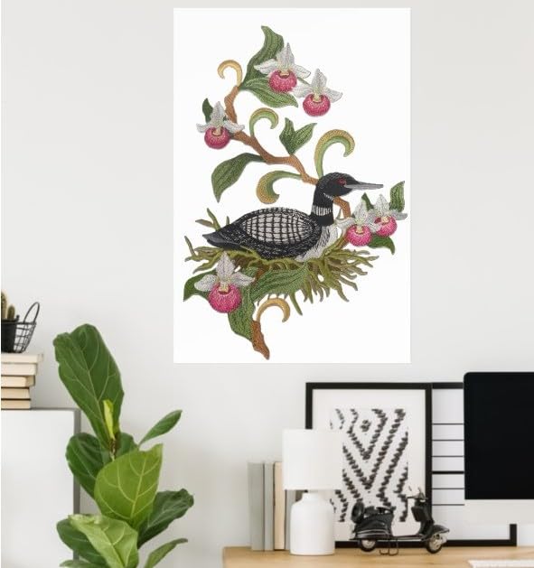 Custom Minnesota Common Loon and Showy Lady Slipper Medley Bird Embroidery Iron On/Sew Patch - Beyond Vision (7" x 10.67")