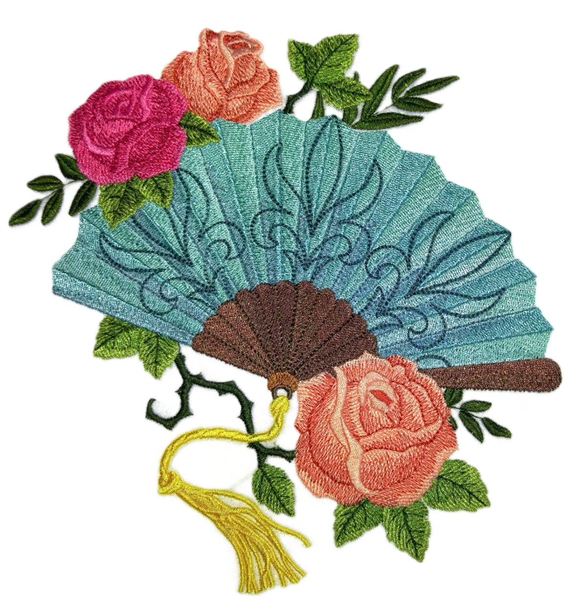 Fan with Roses (7.5" x 7.8") embroidered iron-on patch