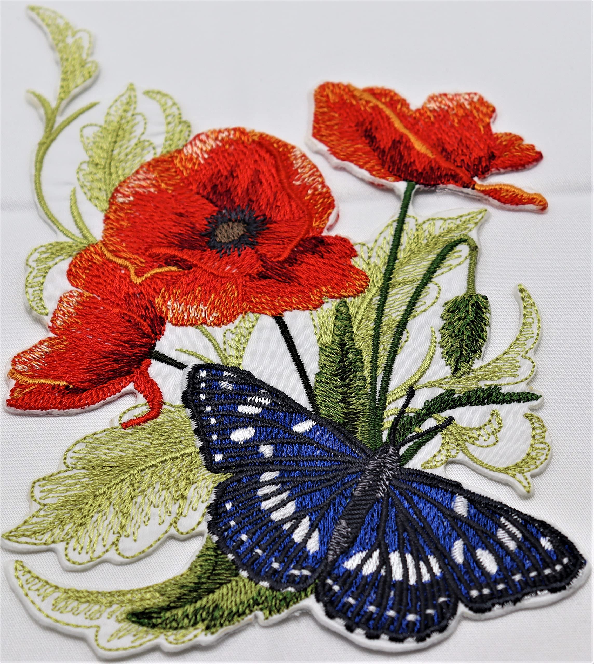 BeyondVision Custom and Unique Blooms and Butterflies [Southern White Admiral Butterfly and Poppies] Embroidered Iron on/Sew Patch (6.8" x 4.86") [Made in USA]