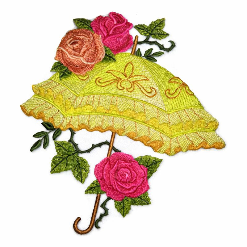 Embroidered design of a yellow umbrella with pink roses and green leaves on a white background