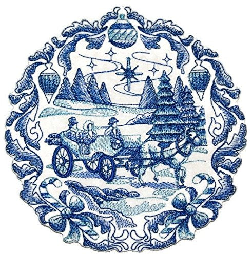 BeyondVision Custom and Unique Shades of Blue [ Delft Blue Christmas Carriage ] Embroidered Iron on/Sew Patch (6.89" x 6.12") [Made in USA]