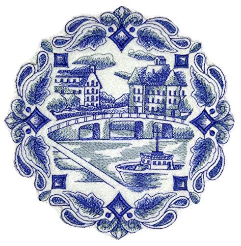 BeyondVision Custom and Unique Shades of Blue [ Delft Blue Canal Scene ] Embroidered Iron on/Sew Patch (6.89" x 6.89") [Made in USA]