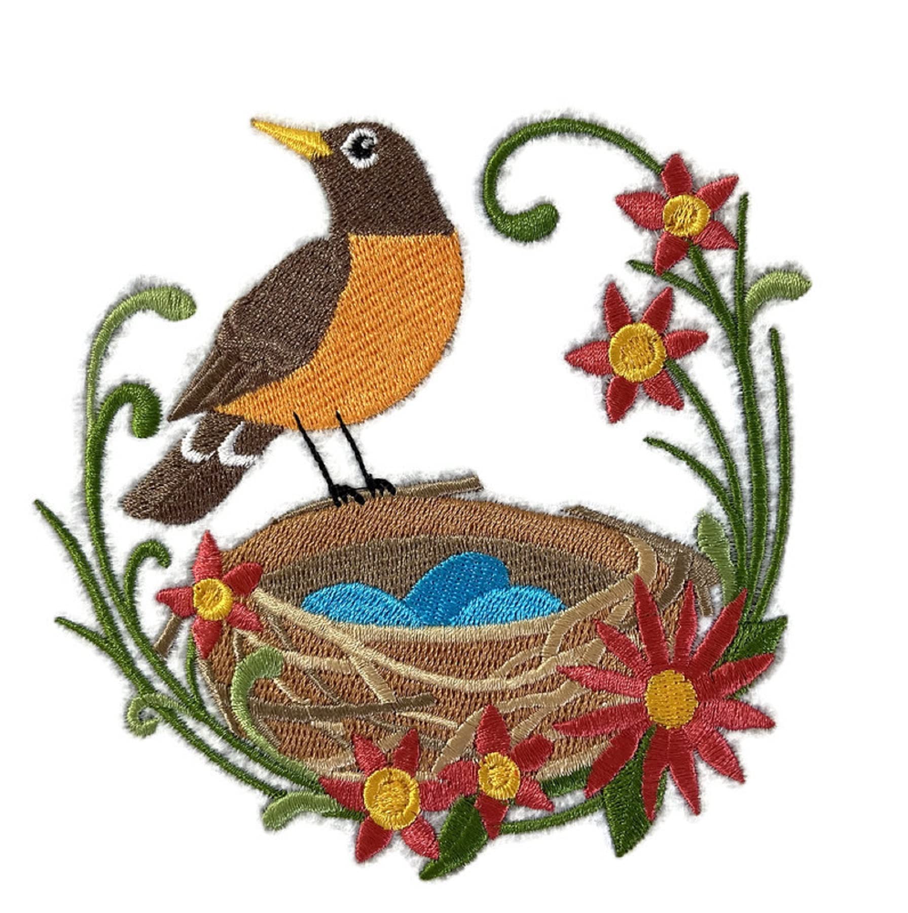 Naturaleza entretejida en hilos, Reino de las aves asombrosas [Petirrojo primaveral y nido] [Personalizado y único] Parche bordado para planchar o coser [12,2 cm (ancho) x 13,7 cm (alto)] [Hecho en EE. UU.]