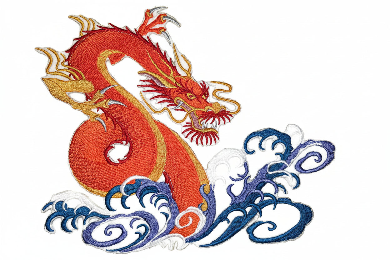 Embroidered red dragon design on a white background