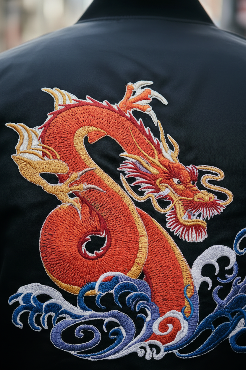 Parche bordado termoadhesivo/cosido de dragón legendario mítico único personalizado [Ondas giratorias - Dragón] [17,5 x 20,8 cm] [Hecho en EE. UU.]