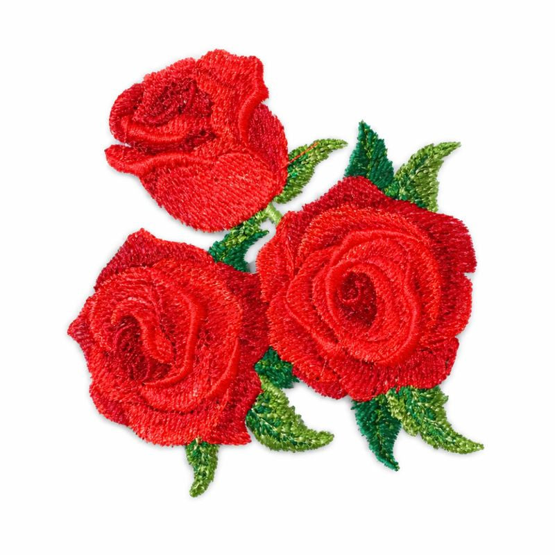 Roses Floral Embroidered Patch – Triple Bloom Red Flower Iron-On & Sew-On Applique for Jackets, Bags & DIY Fashion
