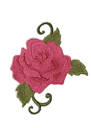 Parche bordado con una rosa individual en color rosa oscuro, ideal para planchar o coser, tejido con hilos naturales [5" x 4"] [Hecho en EE. UU.]