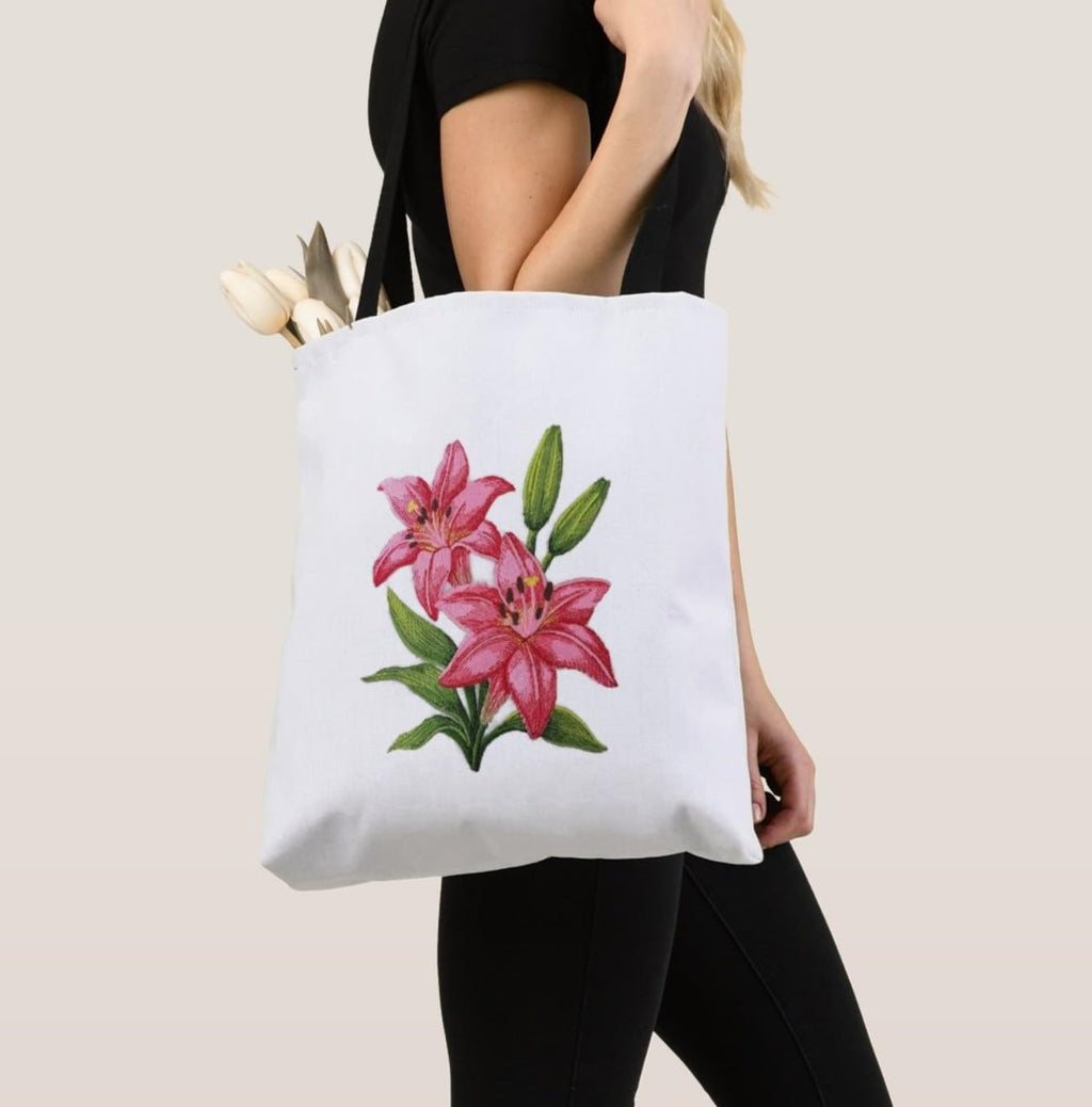 Parche bordado de flores de lirio rosa BeyondVision – Aplique floral grande de 15,87 x 18,8 cm para planchar o coser – Parche floral decorativo para chaquetas, vaqueros, bolsos y manualidades – Hecho en EE. UU.