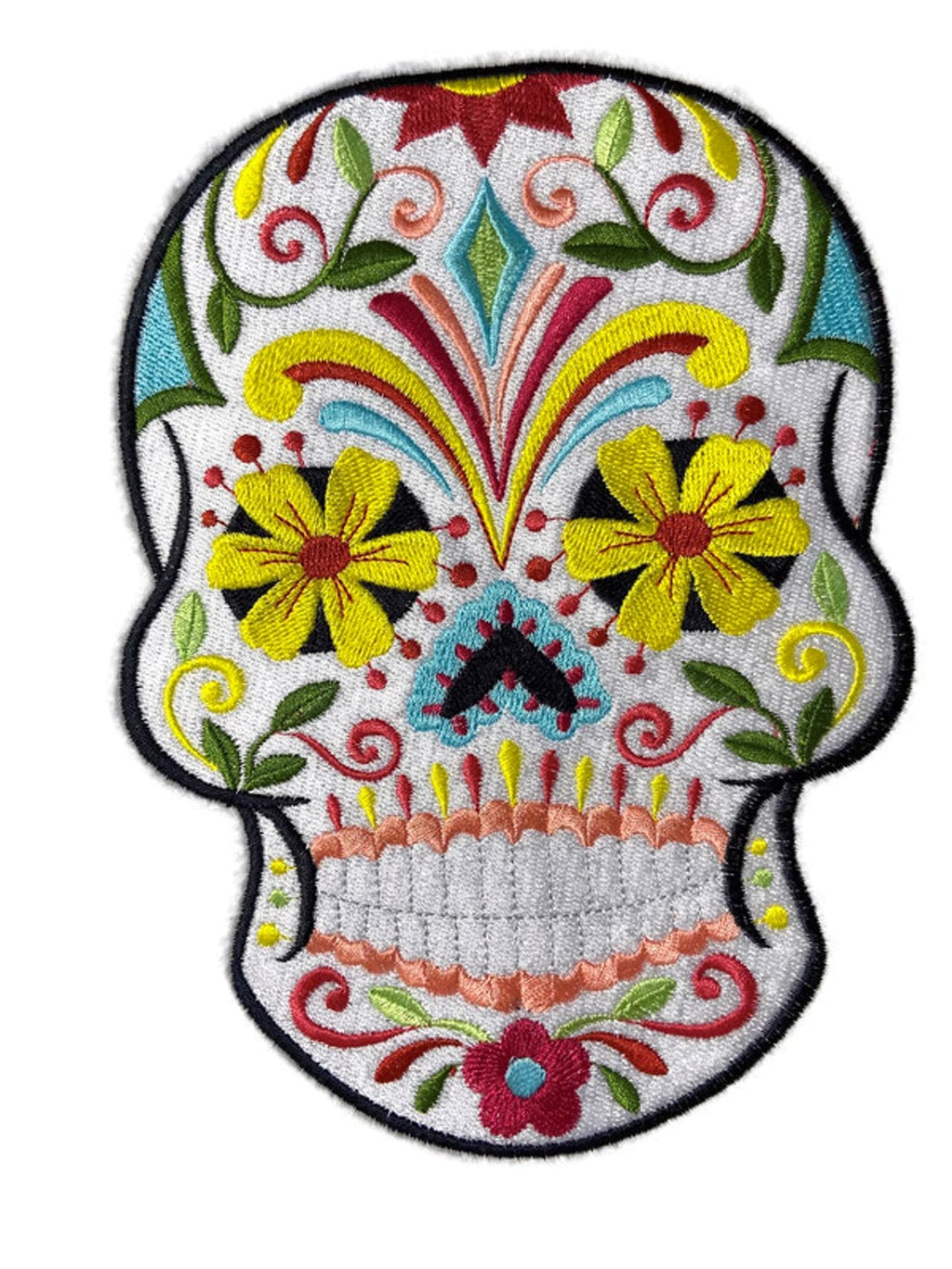 Parche bordado para planchar o coser con diseño de calavera de azúcar "Flor de Fiesta" (8" x 6"), equipo de motociclista personalizado y único [Hecho en EE. UU.]