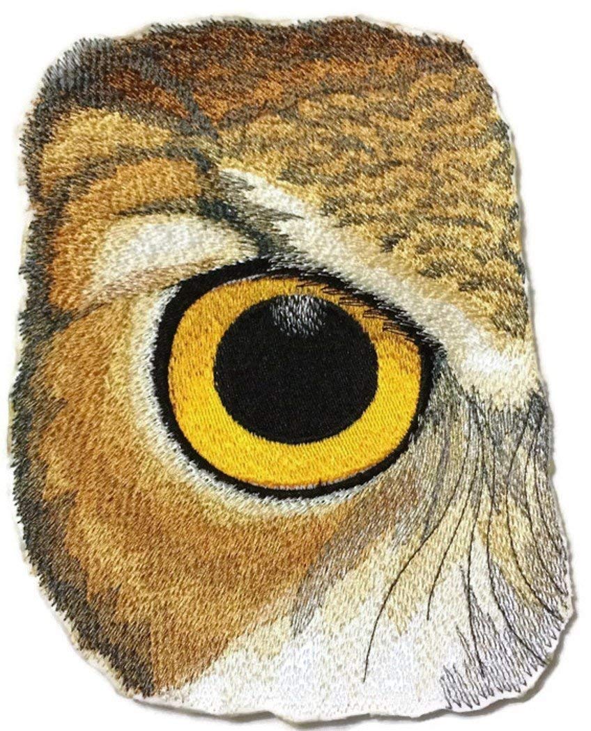 Embroidered patch of an owl's eye with detailed feathers on a white background