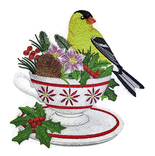 Custom Festival Goldfinch and Christmas Tea Embroidered Iron on/Sew Patch (6.9" x 17") [Made in USA]