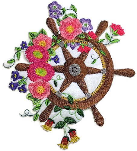 Ocean Calling Custom and Unique [ Ship's Wheel Bloom ] Embroidered Iron On/Sew Patch (6" x 6.8") Made in USA]