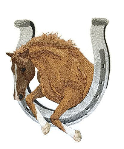 [Custom] Lucky Charm Horse with Horse Shoe [Brown Stallion] Embroidery Iron On/Sew Patch (6" x 4.5")[Made in USA]