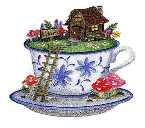 Colección de Hadas Mágicas personalizada y única [Jardín de Hadas en Taza de Té] Parche bordado para planchar o coser [7,79 x 7,53] [Hecho en EE. UU.]