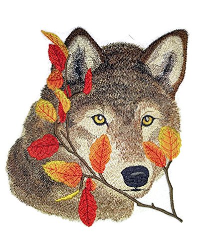 Naturaleza tejida en hilos, Amazing Animal Kingdom [Lobo en hojas de otoño] [Personalizado y único] Parche bordado para planchar o coser [6.89" * 7.8"] [Hecho en EE. UU.]