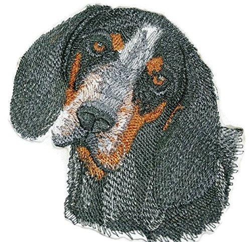 Parche bordado termoadhesivo con cara de perro Coonhound azul [11,4 x 11,4 cm] [Hecho en EE. UU.]
