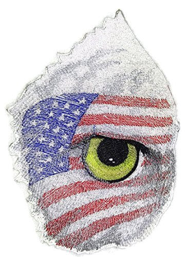 Embroidered patch with a design of an eye with an American flag pattern on a white background