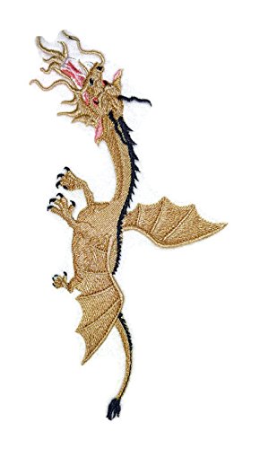 Embroidered dragon design on a white background