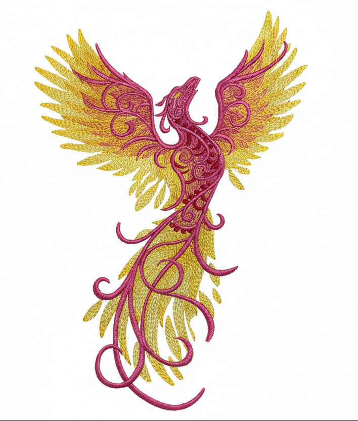 Decorative phoenix design with pink and yellow colors on a white background