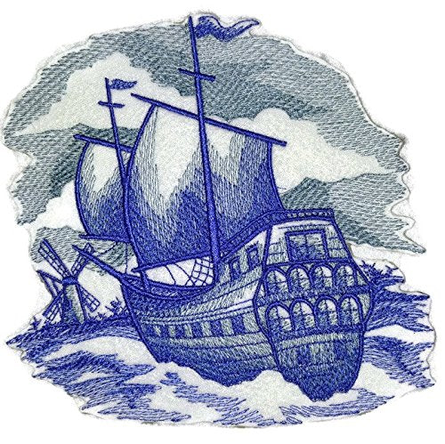 Custom and Unique Shades of Blue [ Delft Blue Sailing Ship ] Embroidered Iron on/Sew Patch (5.99" x 5.84") [Made in USA]
