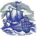 Shades of Blue [ Delft Blue Sailing Ship ] / (5.99" x 5.84") [] embroidered iron-on patch