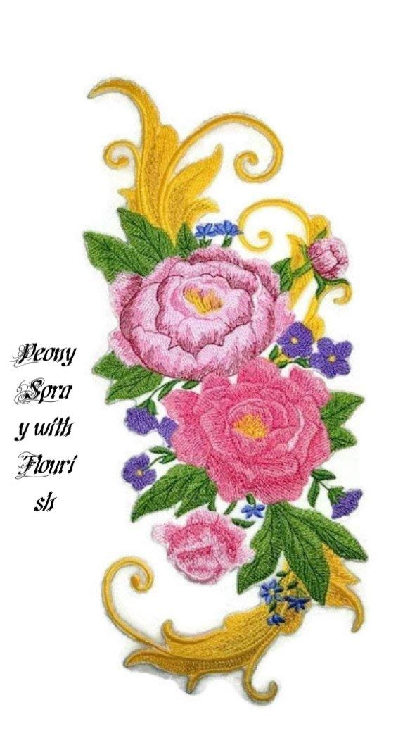 Custom and Unique Garden's Best Delight [Peony Spray with Flourish] Embroidered Iron on/Sew Patch (5.78" x 11.72") [Made in USA]