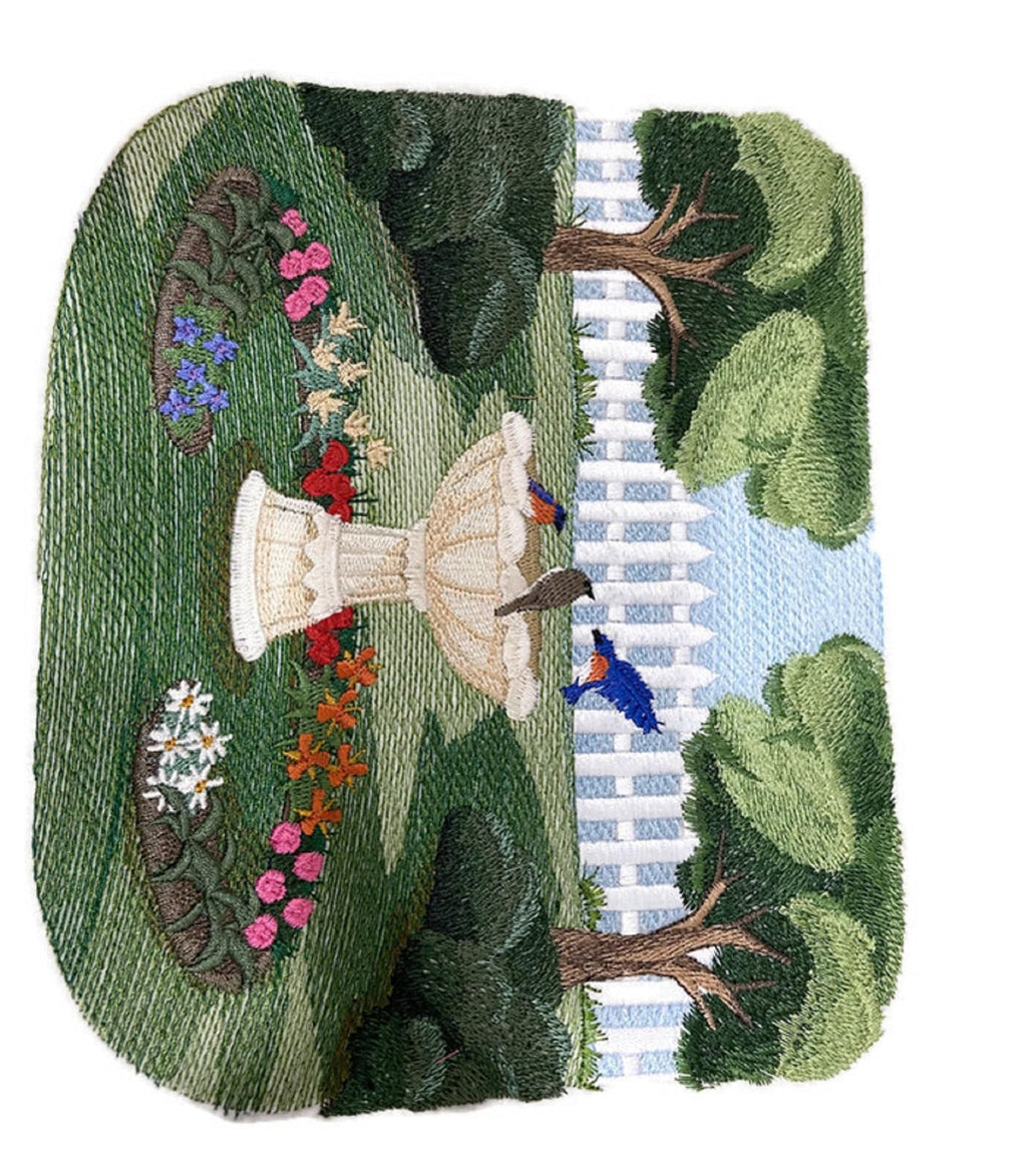 Custom Beautiful Scene Birdbath Scene Embroidered Iron on/Sew Patch (9" x 7.5")