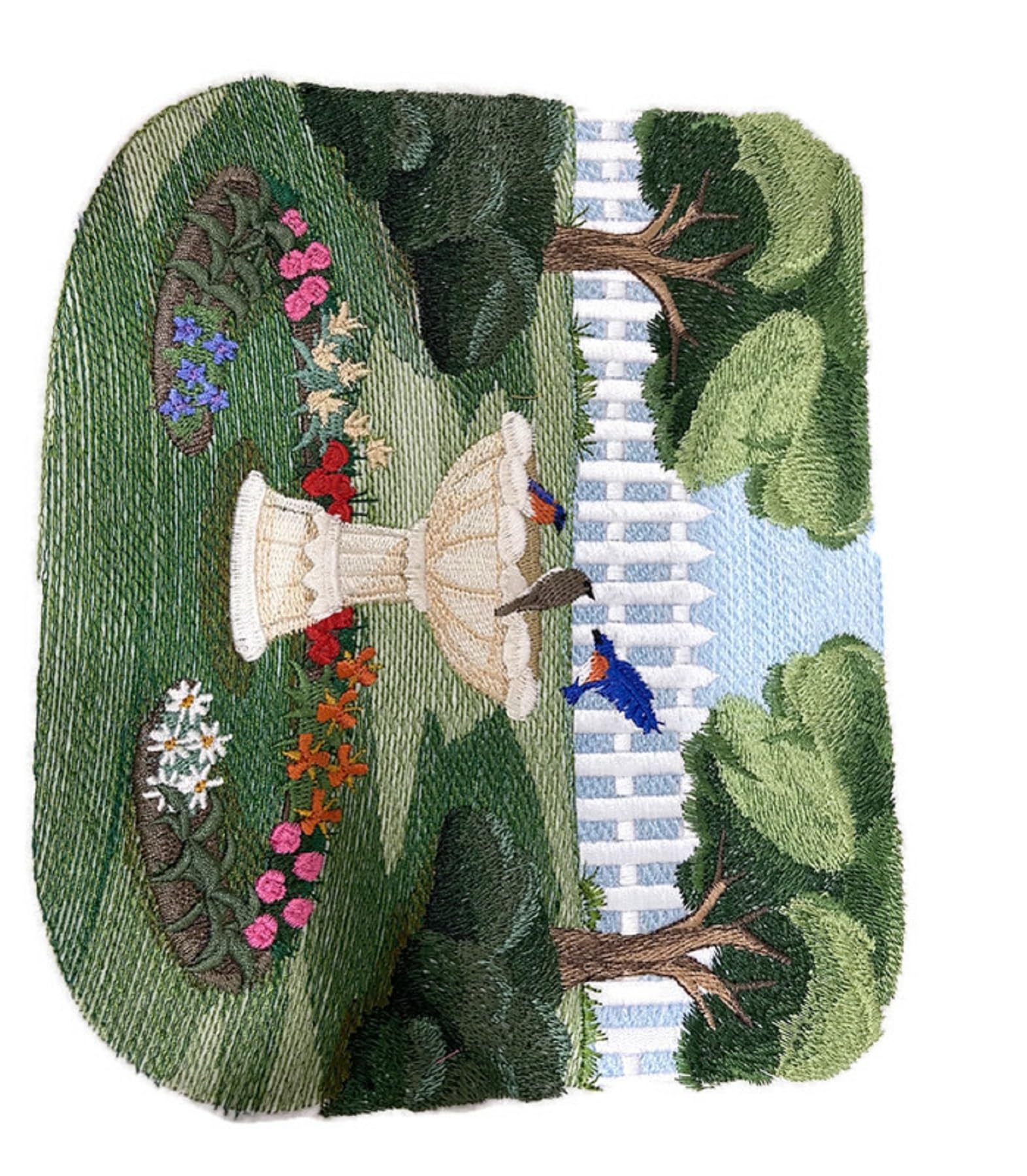 Custom Beautiful Scene Birdbath Scene Embroidered Iron on/Sew Patch (9" x 7.5")