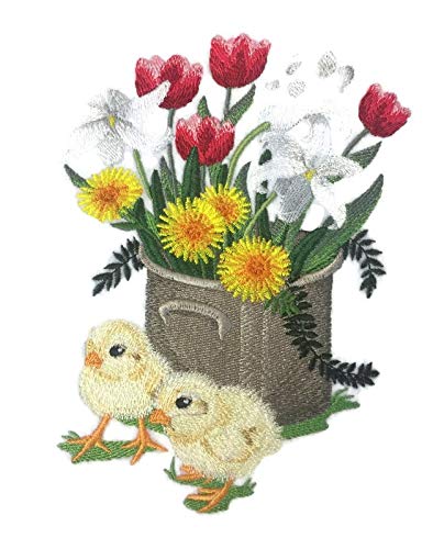 Parche bordado para planchar o coser de BeyondVision, personalizado y único, con diseño de flores de primavera y jarrón [Pollitos con puntadas de primavera] [16,5 x 12,2 cm] [Hecho en EE. UU.]