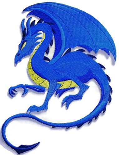 Crouching Dragon Embroidered Patch – Large Fantasy Blue Dragon Iron-On or Sew-On Applique, 9" x 7.8", Made in USA