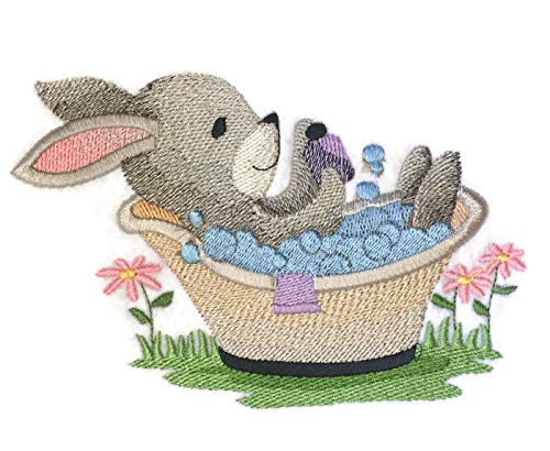 Naturaleza entretejida en hilos, increíble reino animal bebé [Baño en el bosque - Conejito] [Personalizado y único] Parche bordado para planchar o coser [5.86" x 3.84"] [Hecho en EE. UU.]