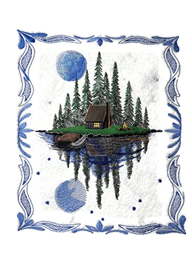 Beyond Vision Moonlit Lakeside Cabin Scene Embroidered Iron on/Sew Patch (13.36" x 11.18") [Made in USA]
