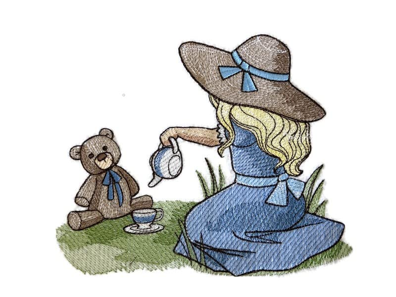 Custom Unique Childhood Nostalgia - Tea Time with Teddy Embroidery Iron On/Sew Patch ((6.72" x 5.48")[Made in USA]
