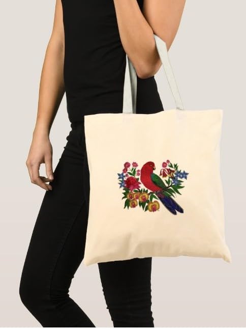 Naturaleza entretejida en hilos, Reino de las aves asombrosas [Loro rey australiano con flores] [Personalizado y único] Parche bordado para planchar o coser [6,26" x 5,9"] [Hecho en EE. UU.]