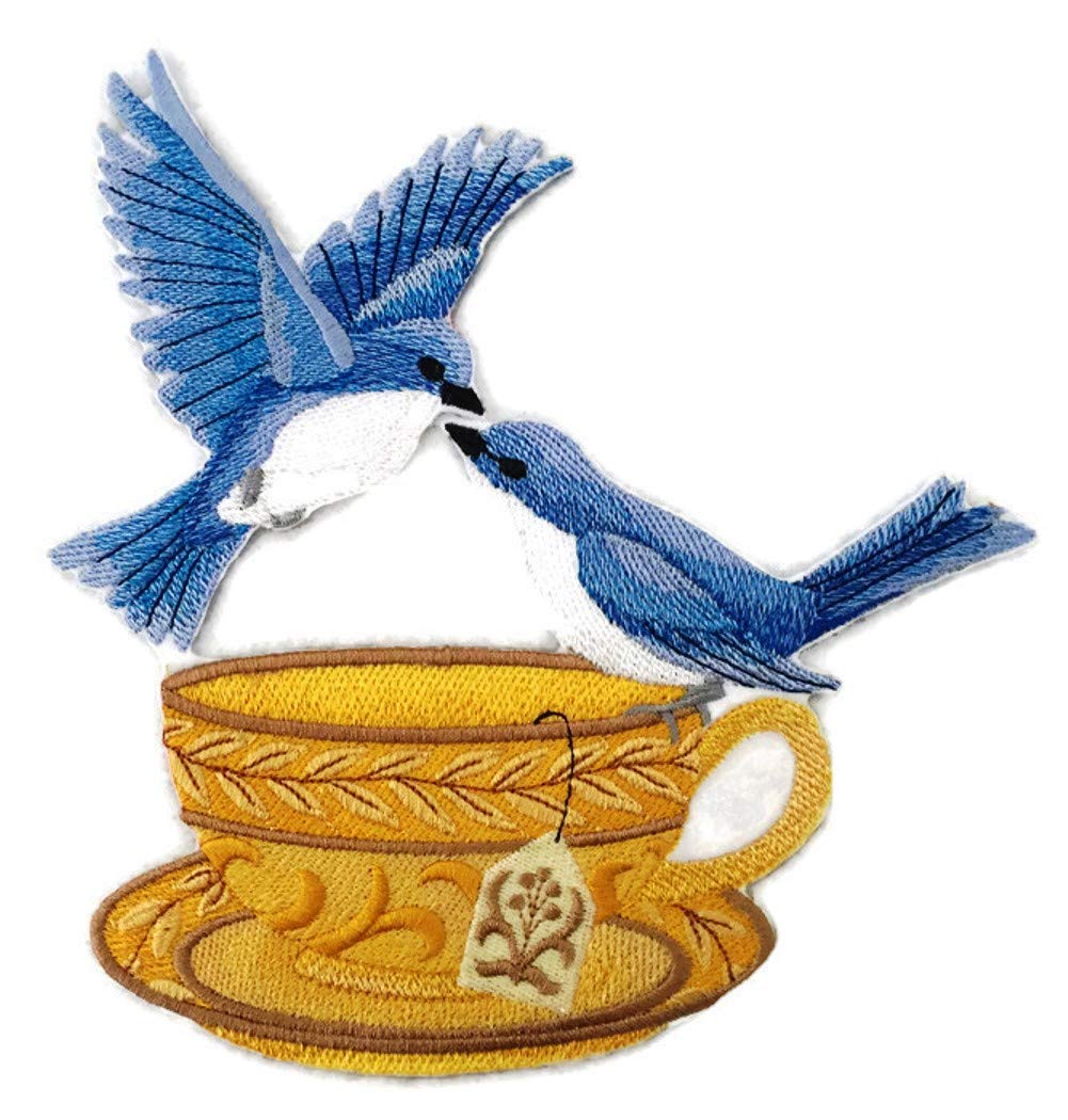 Nature Weaved in Threads, Amazing Birds Kingdom [Bluebird Tea Party] [Custom and Unique] Embroidered Iron on/Sew Patch (7.8" x 7.44") [Made in USA]