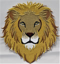 Embroidered patch of a lion's head on a gray background