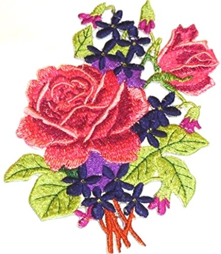 Custom Pink/Red Rose Bouquet Embroidered Iron on/Sew Patch (5" x 5") [Made in USA]