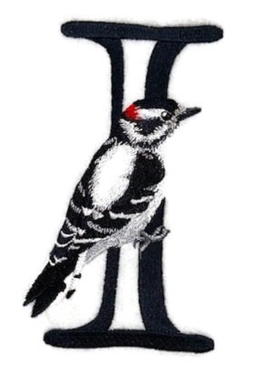 Letter I and Downy Woodpecker Embroidered Iron On/Sew Patch (3.4" x 6.1")
