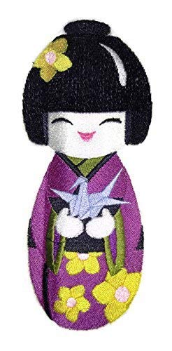 [Custom] Krafty Kokeshi Japanese Doll [Kokeshi and Origami Crane] Embroidery Iron On/Sew Patch (6.84" x 2.3")[Made in USA]