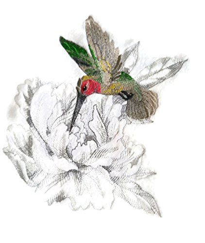 Nature's Bounty Secret Garden Peony and Hummingbird Embroidery Iron On/Sew patch (7.62" x 6.88")[Made in USA]