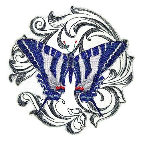 Parche bordado para planchar o coser, personalizado, único y sorprendente: mariposas coloridas [cola de golondrina cebra con barroco] [5" x 5"], hecho en EE. UU.
