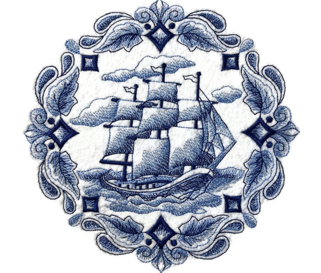Custom and Unique Shades of Blue [ Delft Blue Tall Ship ] Embroidered Iron on/Sew Patch (6.89" x 6.89") [Made in USA]