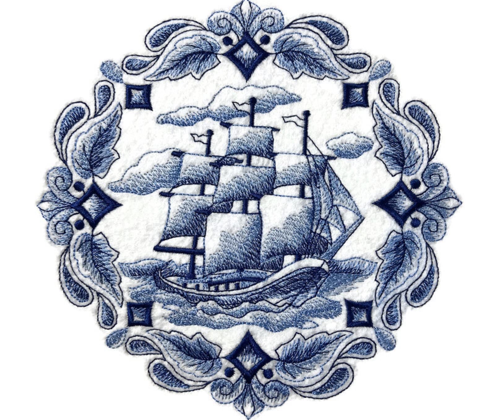 Custom and Unique Shades of Blue [ Delft Blue Tall Ship ] Embroidered Iron on/Sew Patch (6.89" x 6.89") [Made in USA]