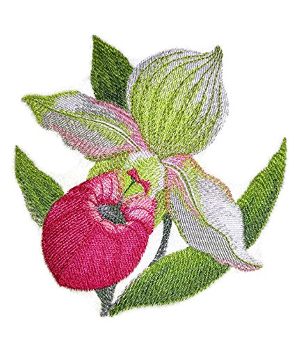 Parche bordado para planchar o coser con flores y mariposas en acuarela, personalizado y único [Flor de zapatilla de dama en acuarela] [5.1" x 4.89"] [Hecho en EE. UU.]