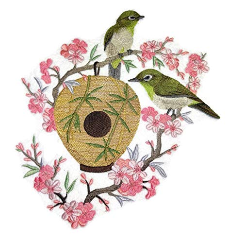 Naturaleza entretejida en hilos, increíble nido de aves del reino, ojiblanco japonés y pajarera] [Personalizado y único] Parche bordado para planchar o coser [9,29" 8,57"] [Hecho en EE. UU.]