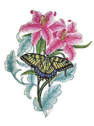 Custom and Unique Blooms and Butterflies [Swallowtail Butterfly and Lilies] Embroidered Iron on/Sew Patch (6.8" x 4.86") [Made in USA]