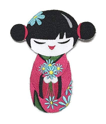 BeyondVision [Custom] Krafty Kokeshi Japanese Doll [Kokeshi and Flower Bouquet] Embroidery Iron On/Sew Patch (5.84" x 4.85")[Made in USA]