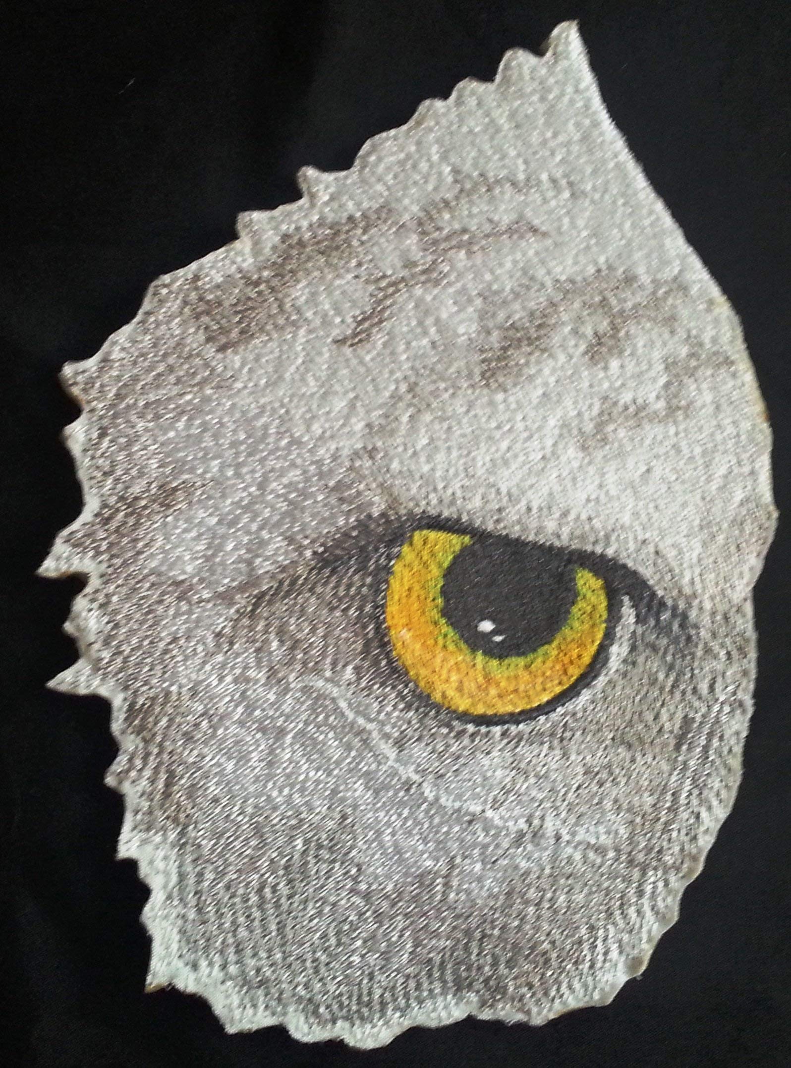 Embroidered patch of a butterfly eye with a yellow center on a black background